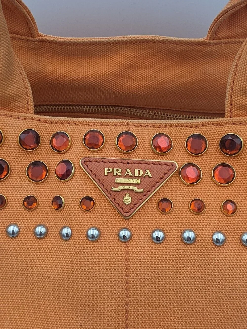 Prada Orange Papaya Canapa Gromment & Studded Large Tote (COA/HARD CARD)(EUC)🧡✨
